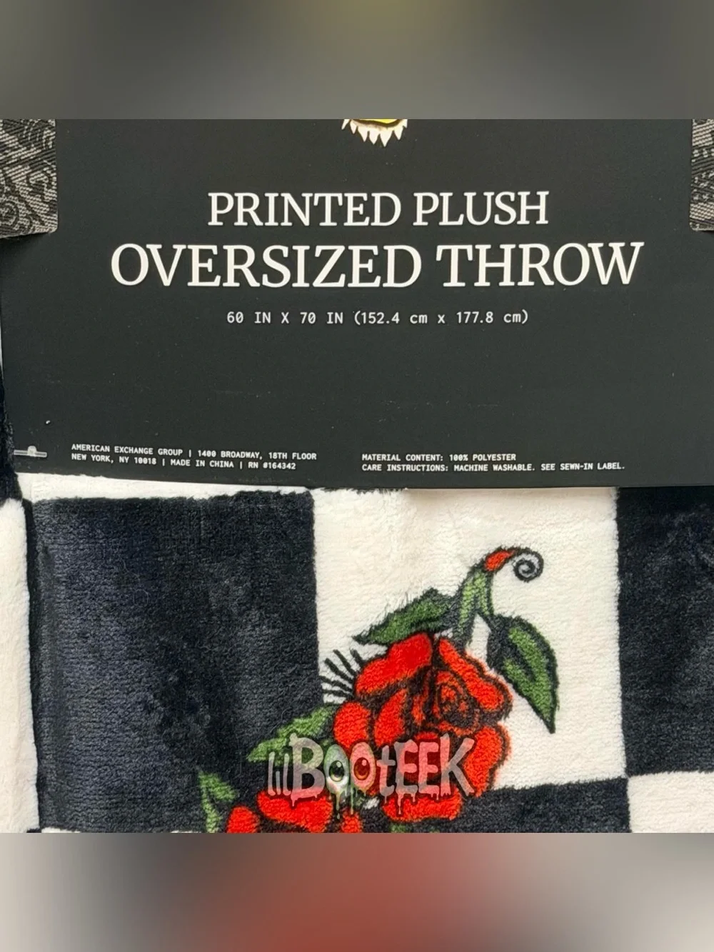 Ed Hardy Black & White Checkered Skull Rose Plush Oversized Throw Blanket